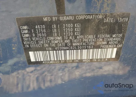 2020 Subaru Legacy Premium z USA, uszkodzony, nr VIN 4S3BWAC62L3015163